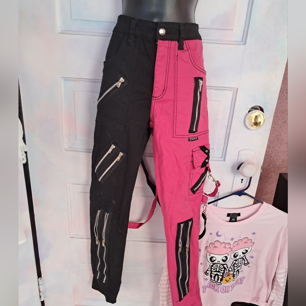 Tripp NYC Spilt Personality Black & Hot Pink Zippered Bondage Jeans!